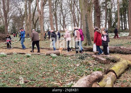 Visitors on the annual Snowdrop Walk at the House of God a home for elderly people established in Greatham Hartlepool in 1273 Stock Photo