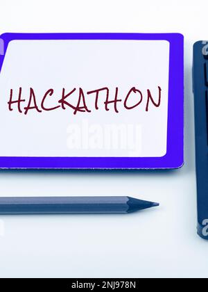 Writing displaying text Hackathon. Word for event where large number of people engage in programming Stock Photo