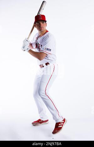 TEMPE, AZ - FEBRUARY 21: Catcher Logan O'Hoppe (14) poses for a portrait  during the Los Angeles Angels Photo Day on February 21, 2023 at Los Angeles  Angels Training Facility in Tempe