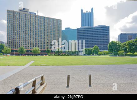 View from Point State Park: Wyndham Grand Pittsburgh Downtown, RiverVue Apartments, United Steelworkers Building. Stock Photo