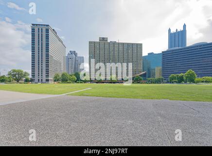 View from Point State Park: Gateway Towers Condominiums, Wyndham Grand Pittsburgh Downtown, RiverVue Apartments. Stock Photo