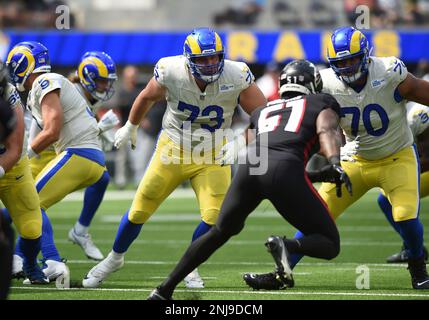 INGLEWOOD, CA - SEPTEMBER 18: Los Angeles Rams Offensive Guard David  Edwards (73) prepares to block during an NFL game between the Atlanta  Falcons and the Los Angeles Rams on September 18