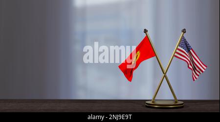 Kyrgyzstan and USA flags on table. Negotiation between Kyrgyzstan and United States. on little blur background. 3D work and 3D image Stock Photo