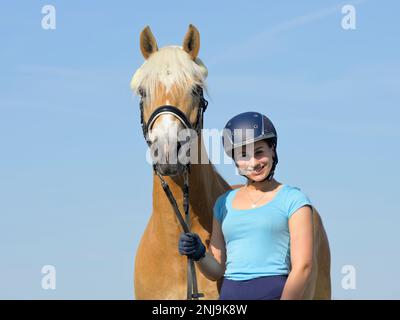 Young woman and her Haflinger horse Stock Photo