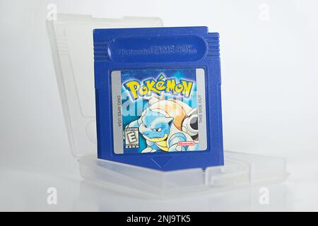 New York, NY - October 9, 2021: Close-up of classic Nintendo Gameboy game cartridge, Pokemon Blue version with Blastoise character picture Stock Photo