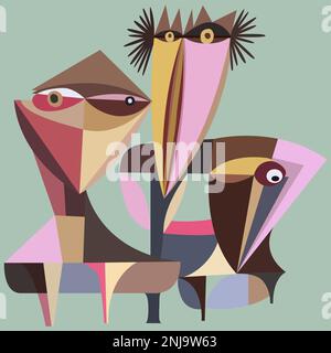 Vector hand drawn illustration of grotesk cubist unreal imaginative decorative artistic abstract bird-like colorful creatures Stock Vector