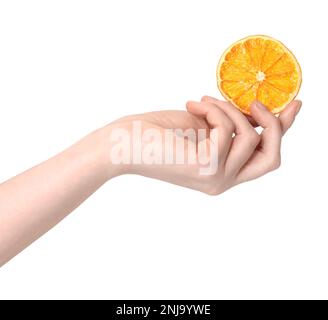 Hand holding slice of orange isolated on white background with clipping ...