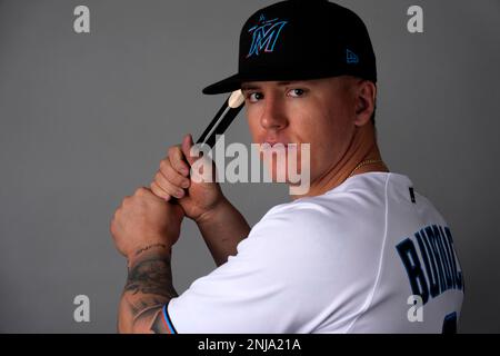 Miami Marlins Jean Segura (9) congratulates Peyton Burdick after