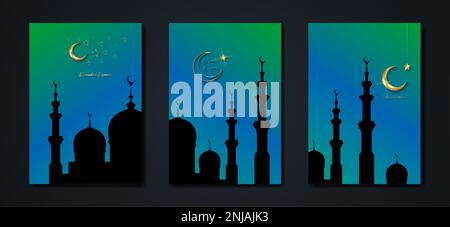 Ramadan Kareem 2023 vector set greeting card. Gold half moon on blue background. Golden holiday poster with text, islamic symbol. Concept Muslim Stock Vector