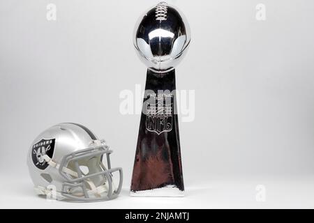 Las Vegas, United States. 21st Feb, 2020. General overall view of Las Vegas  Raiders helmet and Super Bowl Vince Lombardi Trophy in front of the Welcome  to the Fabulous Las Vegas sign