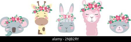 Set of fashionable vector animals in cartoon style. Cute smiley bunny, llama, cat, giraffe and koala faces, .in wreaths of pink flowers. Isolated on white background. Delicate pastel colors for babies. Stock Vector