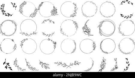 Set of black laurels frames branches. Vintage laurel wreaths collection. Hand drawn vector laurel leaves decorative elements. Leaves, swirls, ornate, Stock Vector