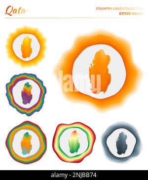 Qatar logo collection. Colorful badge of the country. Layers around Qatar border shape. Vector illustration. Stock Vector