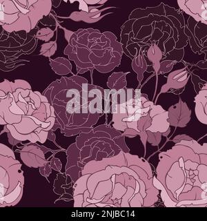 Seamless floral pattern with fawn tender pink roses on a dark burgundy background. Drawing flowers and buds vector illustration for fabric, wallpaper, Stock Vector