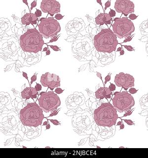 Seamless floral pattern with tender pink roses on white background. Drawing flowers and buds vector illustration for fabric, wallpaper, wrapping paper Stock Vector
