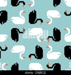 White swan pixel art pattern seamless. 8 bit pixelated texture Stock Vector