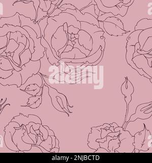 Seamless floral pattern with silhouette roses on pink background. Drawing flowers and buds vector illustration for fabric, wallpaper, wrapping paper. Stock Vector