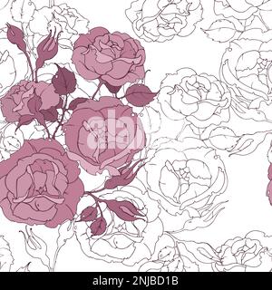 Seamless floral pattern with tender pink roses on white background. Drawing flowers and buds vector illustration for fabric, wallpaper, wrapping paper Stock Vector