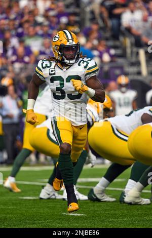 Green Bay, Wisconsin, USA. 02nd Jan, 2022. Green Bay Packers running back  Aaron Jones #33 runs the football during NFL football game between the  Minnesota Vikings and the Green Bay Packers at