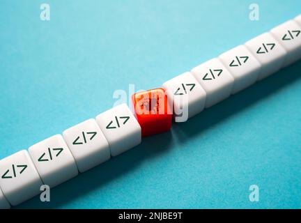 A bug in the code. Error detection. Troubleshooting. Debugging, testing and code review. Determine the cause of equipment failure. Programming. Fault Stock Photo