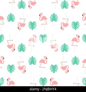 Pink flamingo pixel art pattern seamless. 8 bit water bird with pale pink plumage pixelated background Stock Vector
