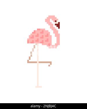 Pink flamingo pixel art isolated. 8 bit water bird with pale pink plumage pixelated Stock Vector