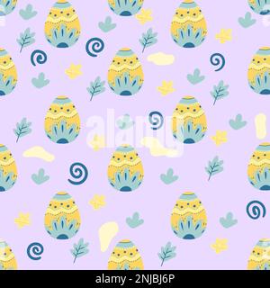 Vector colored easter eggs seamless pattern for Easter holidays on pink background. Patterns, flowers, lines, dots, stars. Vector illustration. EPS 10 Stock Vector