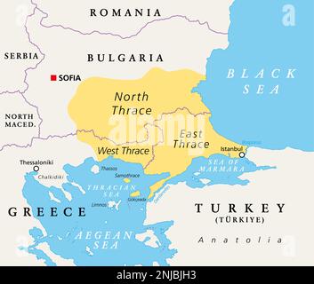 Thrace, geographical and historical region in Southeast Europe, political map. Modern boundaries of Thrace, split among Bulgaria, Greece and Turkey. Stock Photo