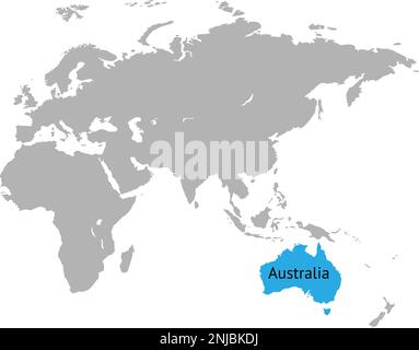 Australia continent blue marked in grey silhouette of World map. Simple flat vector illustration. Stock Vector