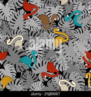 Flamingo and tropical leaves pattern seamless. water bird with pale pink plumage background. Ornament of kids fabric Stock Vector