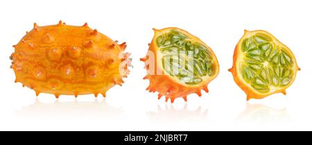 Collection of horned melon or kiwano fruit isolated on white background with clipping path Stock Photo