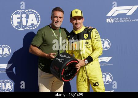 Pole position Ferrari driver Charles Leclerc of Monaco celebrates