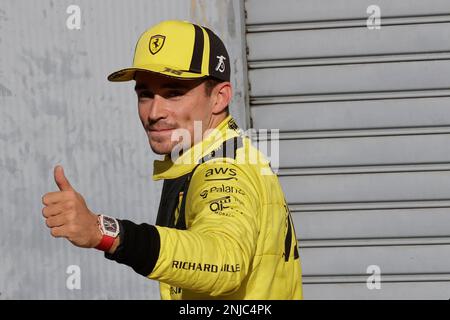 Pole position Ferrari driver Charles Leclerc of Monaco celebrates