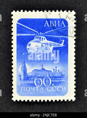 Cancelled postage stamp printed by USSR, that shows Helicopter, circa 1961. Stock Photo