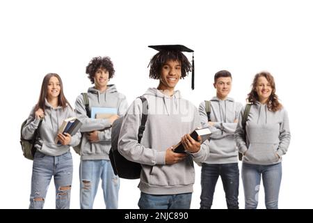 Group of graduate students posing together isolated on white background Stock Photo