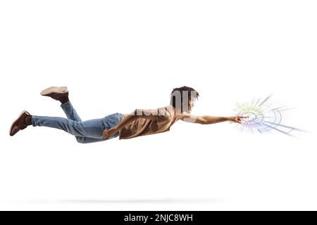 Full length profile shot of a young african american man flying and touching technolgy data diagram isolated on white background Stock Photo