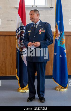 Lt. Col. William Skaggs, director of operations for the 157th Air Intelligence Squadron, addresses the audience, during his retirement ceremony, Aug. 6, 2022, at Jefferson Barracks Air National Guard Base, St. Louis, Missouri. Skaggs served for 37 years. Stock Photo