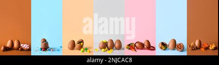 Collage of chocolate Easter eggs with candies on color background Stock Photo