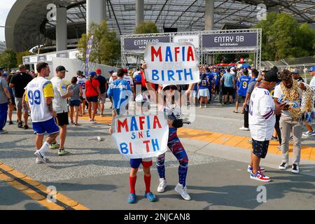 INGLEWOOD, CA - SEPTEMBER 08: A Bills fan holds up a Bills Mafia