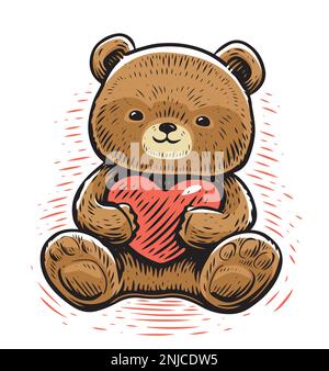 Happy teddy bear with red heart. Funny cute toy. Valentines Day, love symbol. Cartoon vector illustration Stock Vector