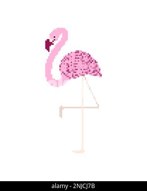 Pink flamingo pixel art isolated. 8 bit water bird with pale pink plumage pixelated Stock Vector