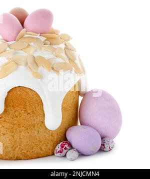 Easter cake and painted eggs isolated on white background Stock Photo