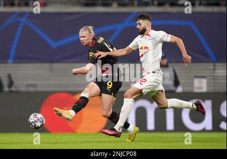 Manchester City's Erling Haaland shoots wide during the Champions League round of 16 first leg match at the Red Bull Arena in Leipzig, Germany. Picture date: Wednesday February 22, 2023. Stock Photo