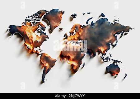 World map seen from above, ablaze from global warming with oceans red and land charred. Urgent need for action to mitigate climate change Stock Photo