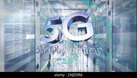Composition of 5g 5th generation text and data processing over server room Stock Photo