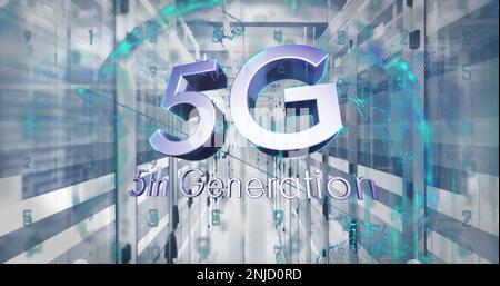 Composition of 5g 5th generation text and data processing over server room Stock Photo