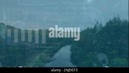 Composition of financial data processing over landscape Stock Photo