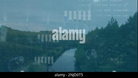 Composition of financial data processing over landscape Stock Photo