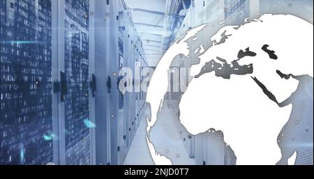 Composition of globe and light trails over server room Stock Photo