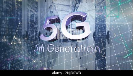 Composition of 5g 5th generation text and connections over server room Stock Photo